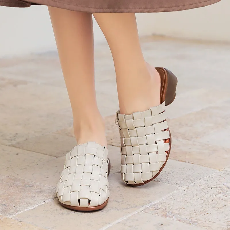 Woven Leather Slippers Block Heel Mules For Women Summer Slippers Handmade