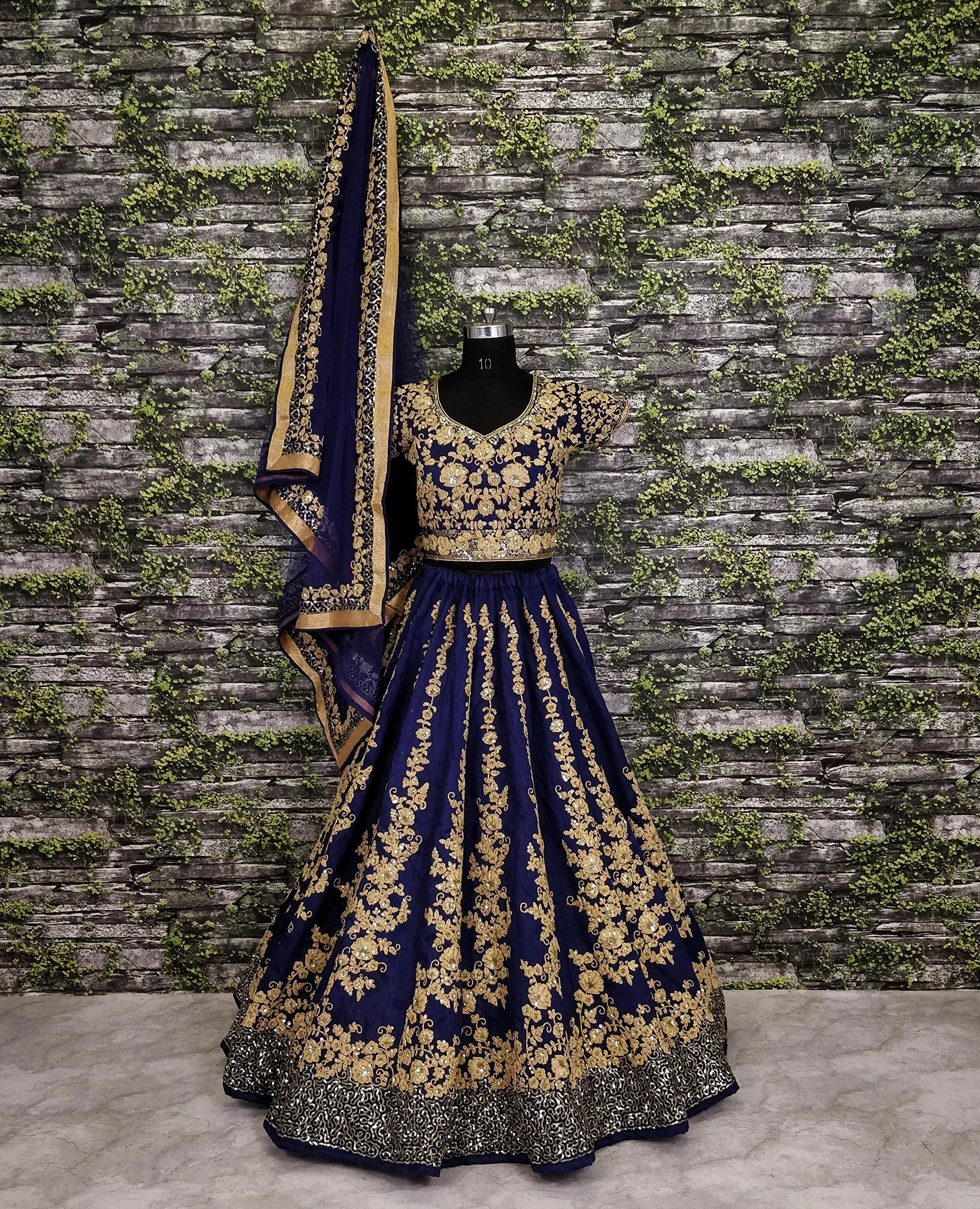 Zeel Clothing Women's Raw Silk Semi-Stitched New Wedding Lehenga Choli Set (ZC7008_Wedding Blue_Free Size)