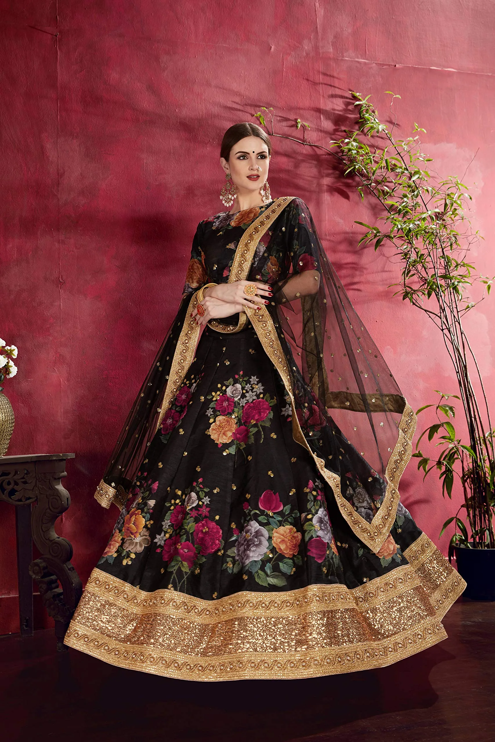 Zeel Clothing Women's Silk Semi-stitched Lehenga Choli (7019-BLACK-Floral-Wedding-Lehenga_Black_New_Free Size)