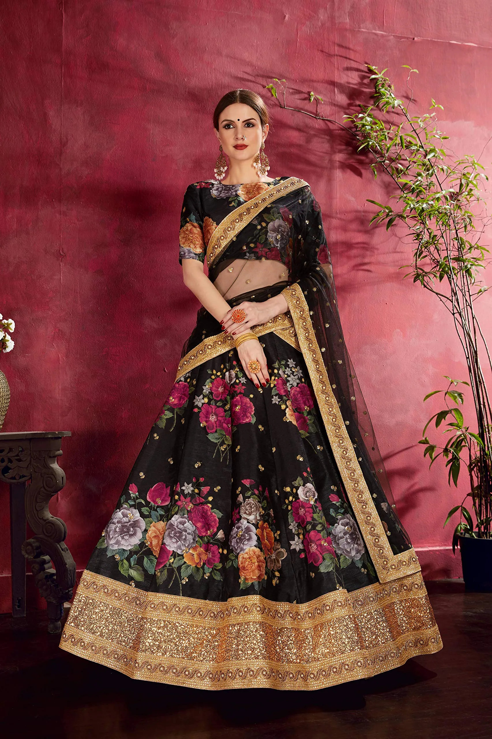 Zeel Clothing Women's Silk Semi-stitched Lehenga Choli (7019-BLACK-Floral-Wedding-Lehenga_Black_New_Free Size)