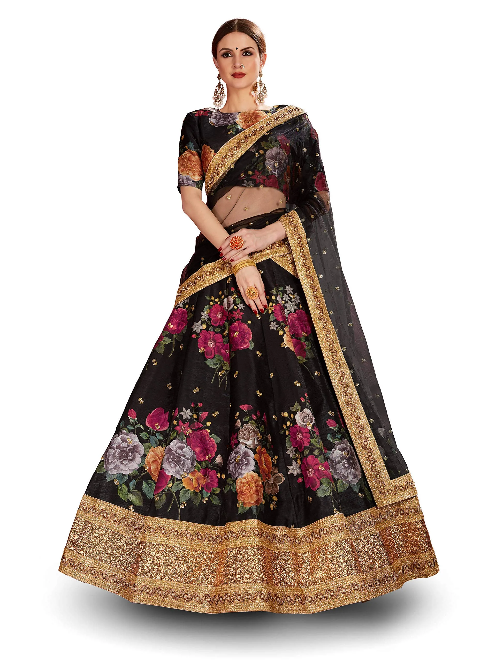 Zeel Clothing Women's Silk Semi-stitched Lehenga Choli (7019-BLACK-Floral-Wedding-Lehenga_Black_New_Free Size)