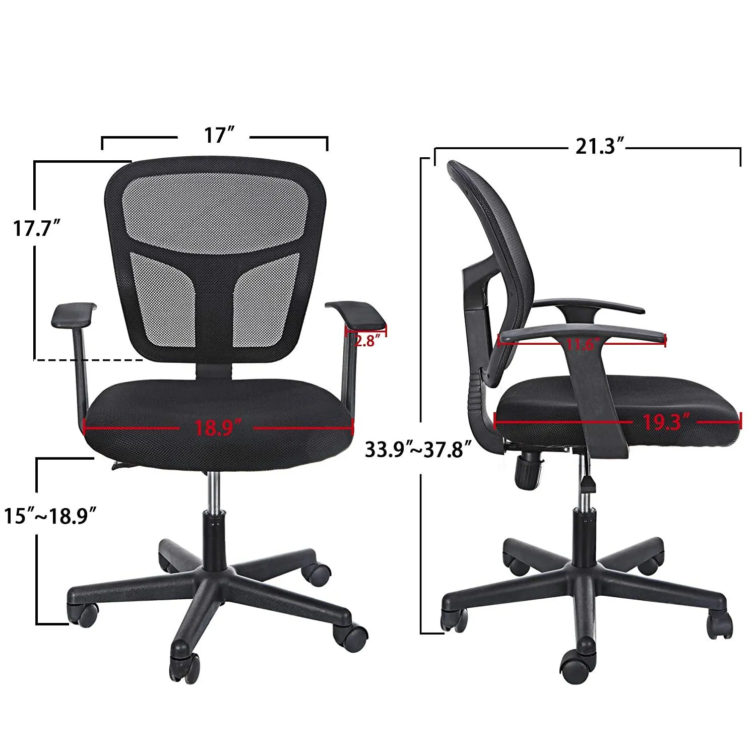 ZENY™ Mid-Back Mesh Desk Office Chair with Armrests and Casters, Adjustable Height, Swivel Computer Office Stool, Black