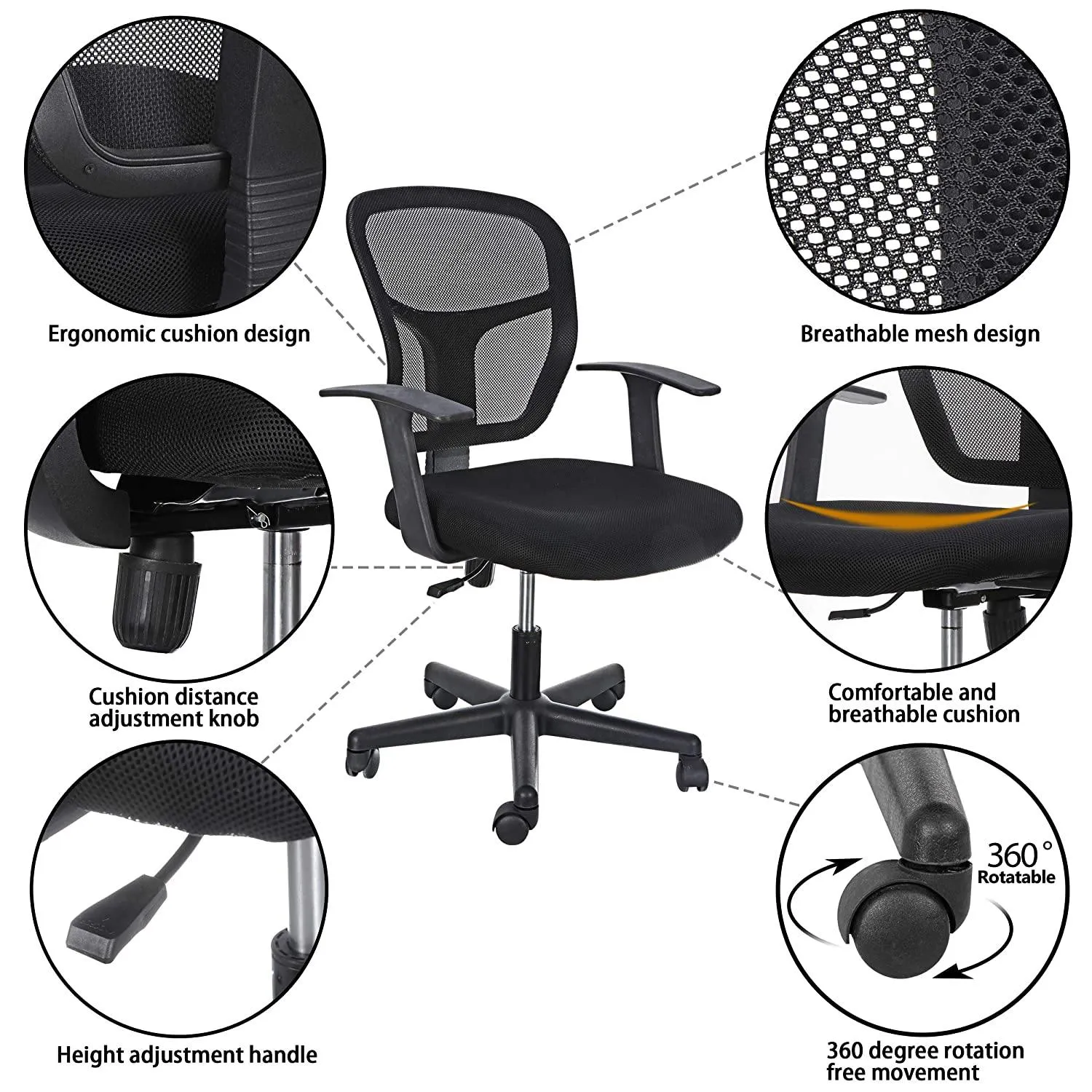 ZENY™ Mid-Back Mesh Desk Office Chair with Armrests and Casters, Adjustable Height, Swivel Computer Office Stool, Black